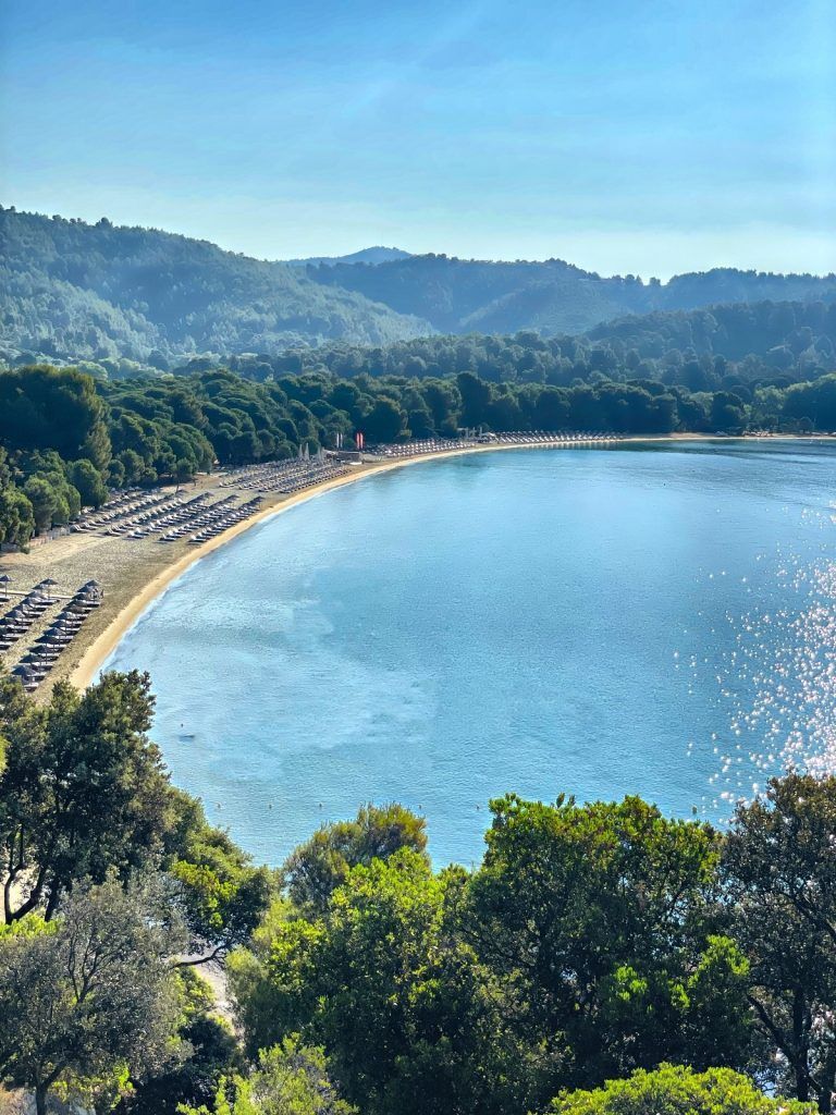 Koukounaries Beach in Skiathos with pine forest and turquoise bay