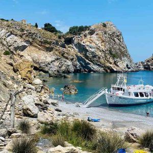 Kalypso boat sailing near Lalaria Beach during our Around the Island Skiathos Cruise