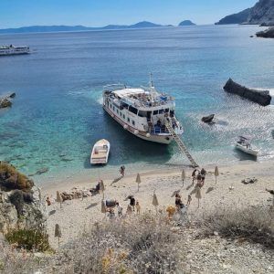 Poseidon boat during our Mamma Mia chapel boat trip from Skiathos