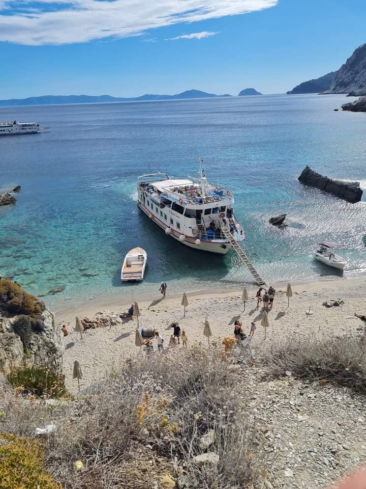 Poseidon boat during our Mamma Mia chapel boat trip from Skiathos