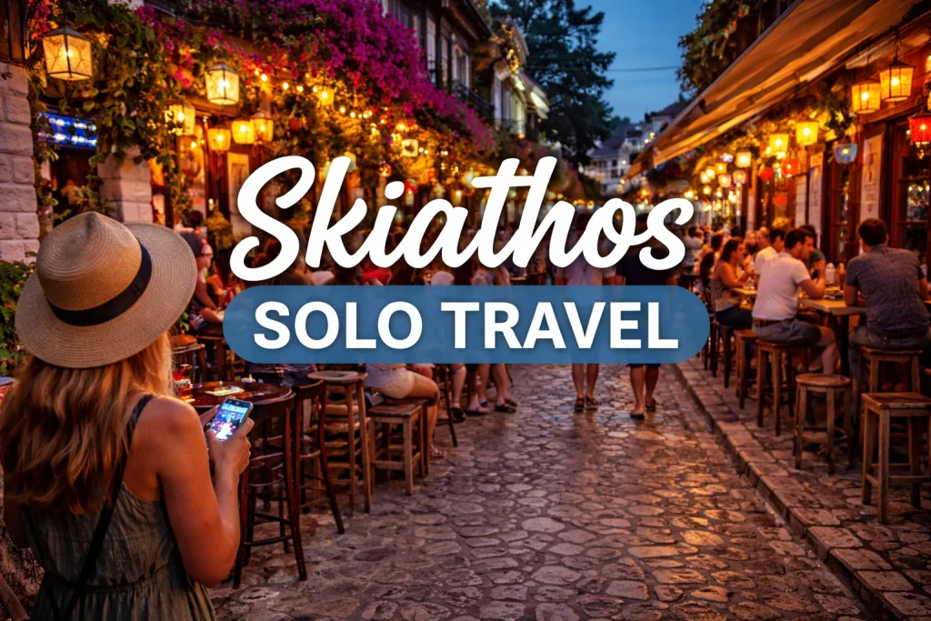 Skiathos nightlife in Skiathos Town, solo traveller walking through the busy evening street