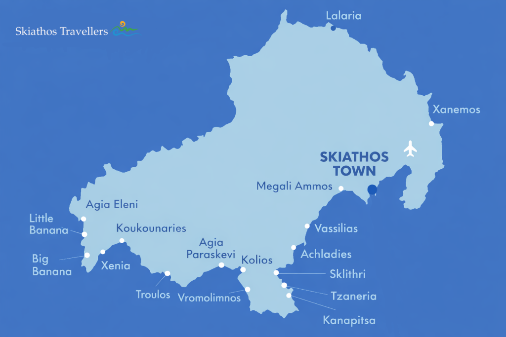 Skiathos map with Skiathos Town and main beaches (Lalaria to Koukounaries)