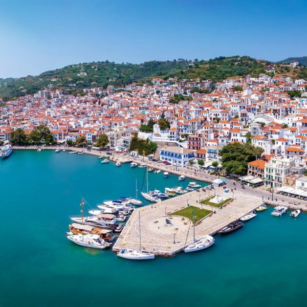 Aerial view of Skopelos Town harbor